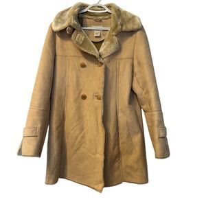 St. John's Bay Women's Camel Faux Suede‎ Overcoat M Fur Trim Vintage Penny Lane